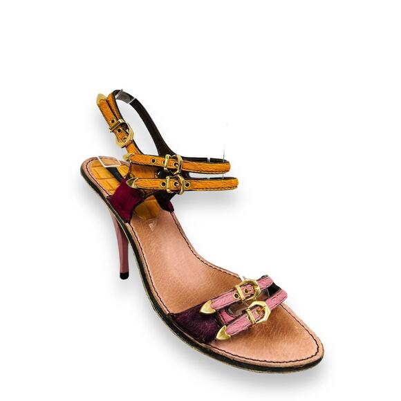 LOUIS VUITTON Pink Multicolor Ponyhair Buckle Accent Slingback Sandal Heels 37 - Picture 3 of 7